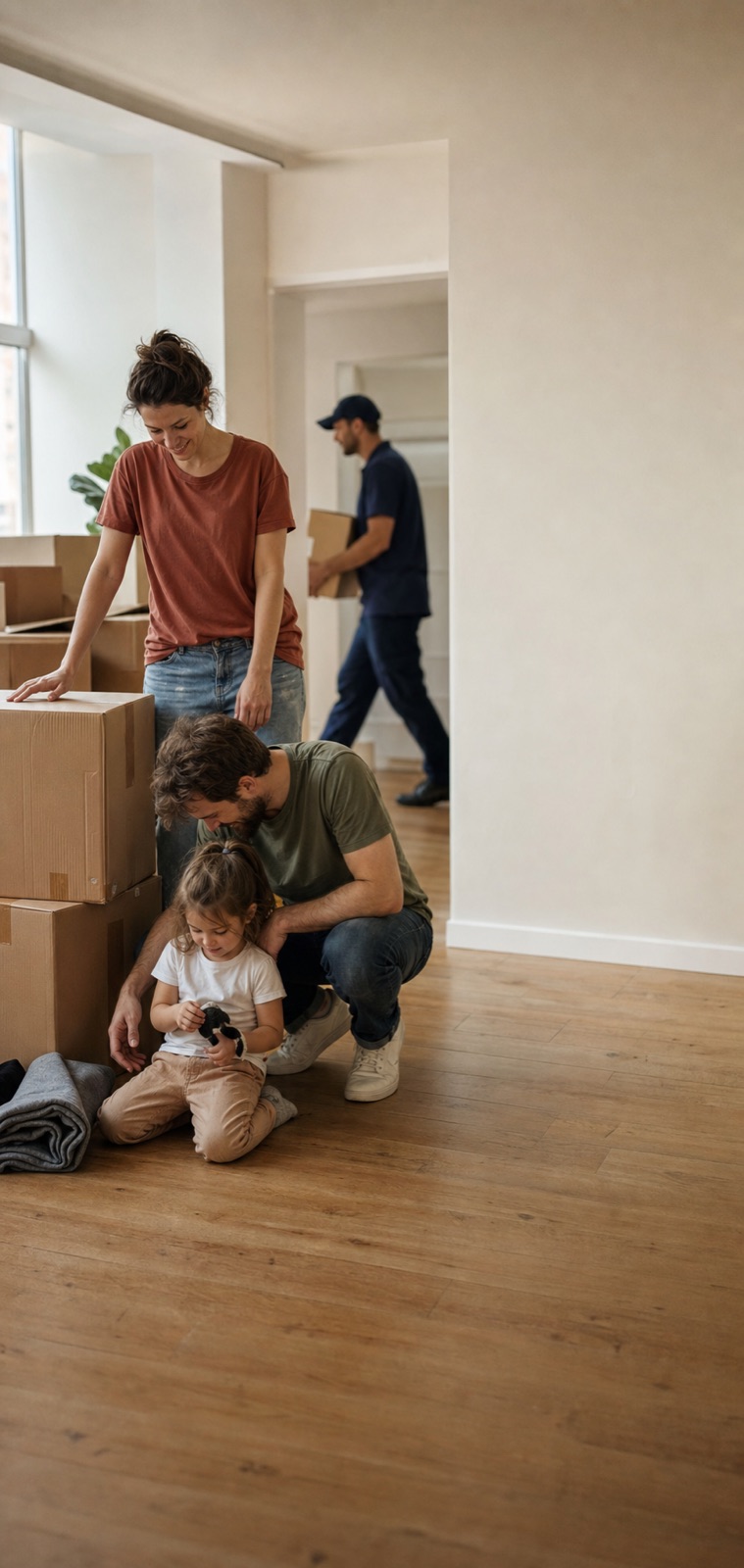 Famille emménageant dans un intérieur lumineux